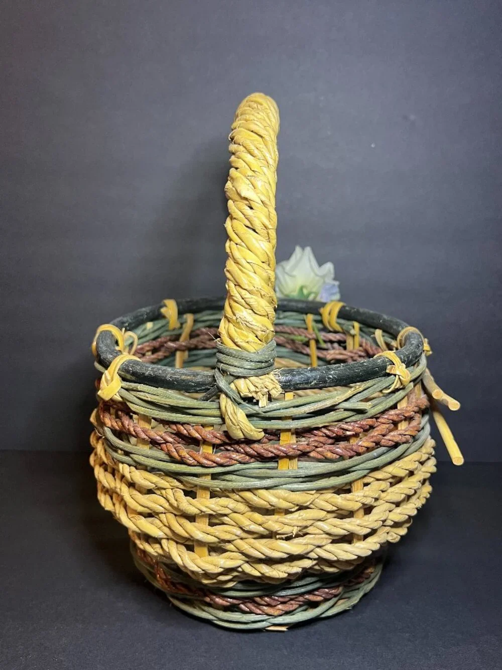 Rustic Farmhouse Style Multicolor Decorative Woven Wicker Basket w/ Handle 11.5